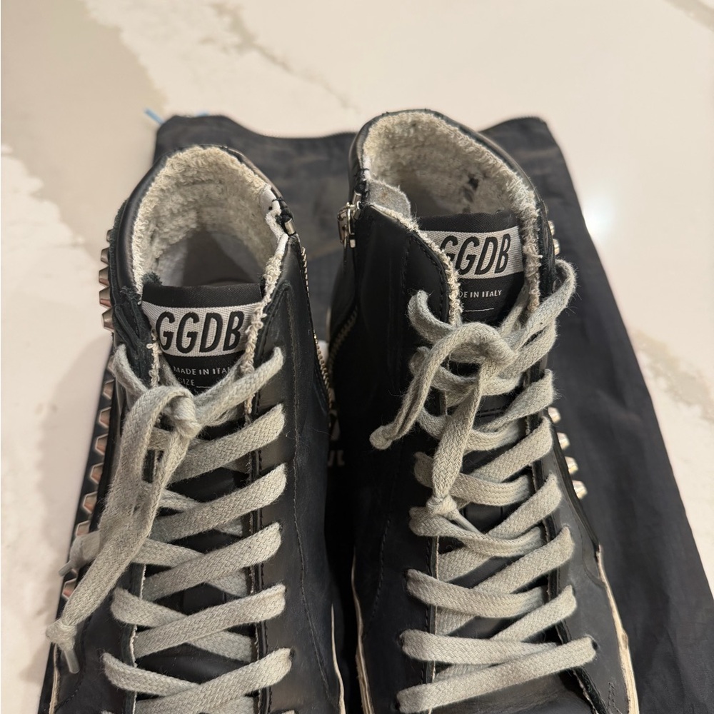 Golden Goose Black Leather Studded High-Top Sneakers with Gray Laces - Picture 6 of 11